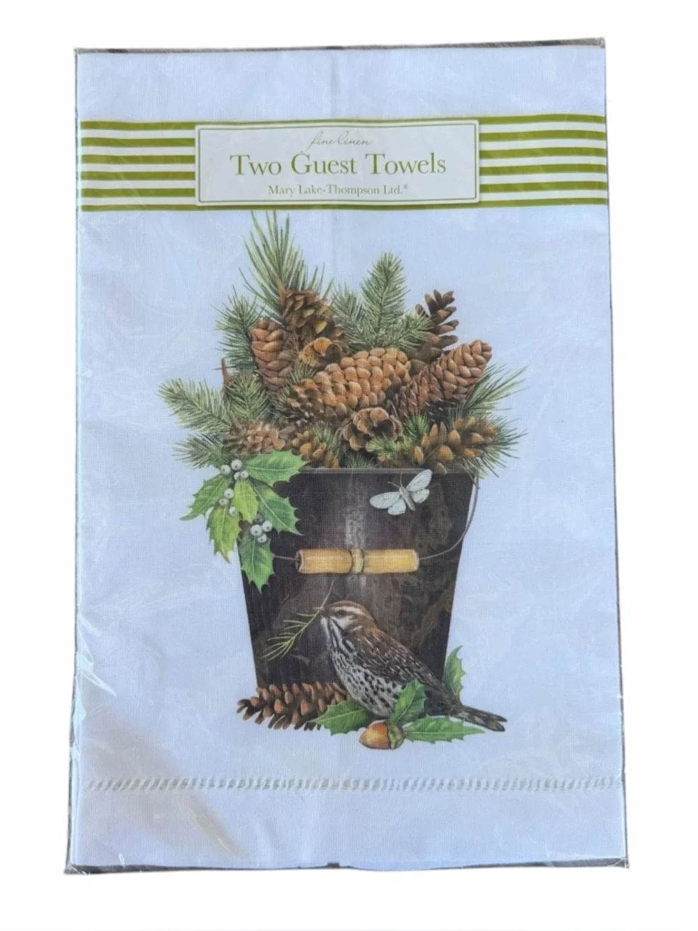 Mary Lake-Thompson Pinecones in a Bucket Guest Towel Set Linen Cotton Hemstitch